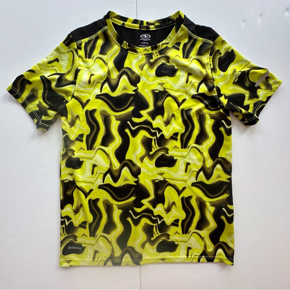 Athletic Works yellow & black swirl pattern short sleeve shirt boys L 10-12